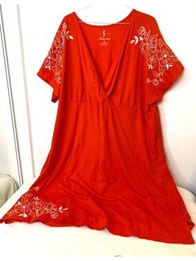 Serenada Nightgown 3X Orange 26/28W Cotton Blend Short Sleeve Embroidered Lounge